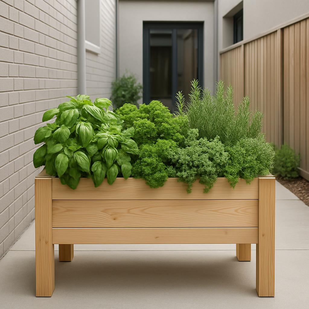 A raised planter box planted with herbs, set against a cozy house backdrop, capturing a peaceful and inviting outdoor scene.