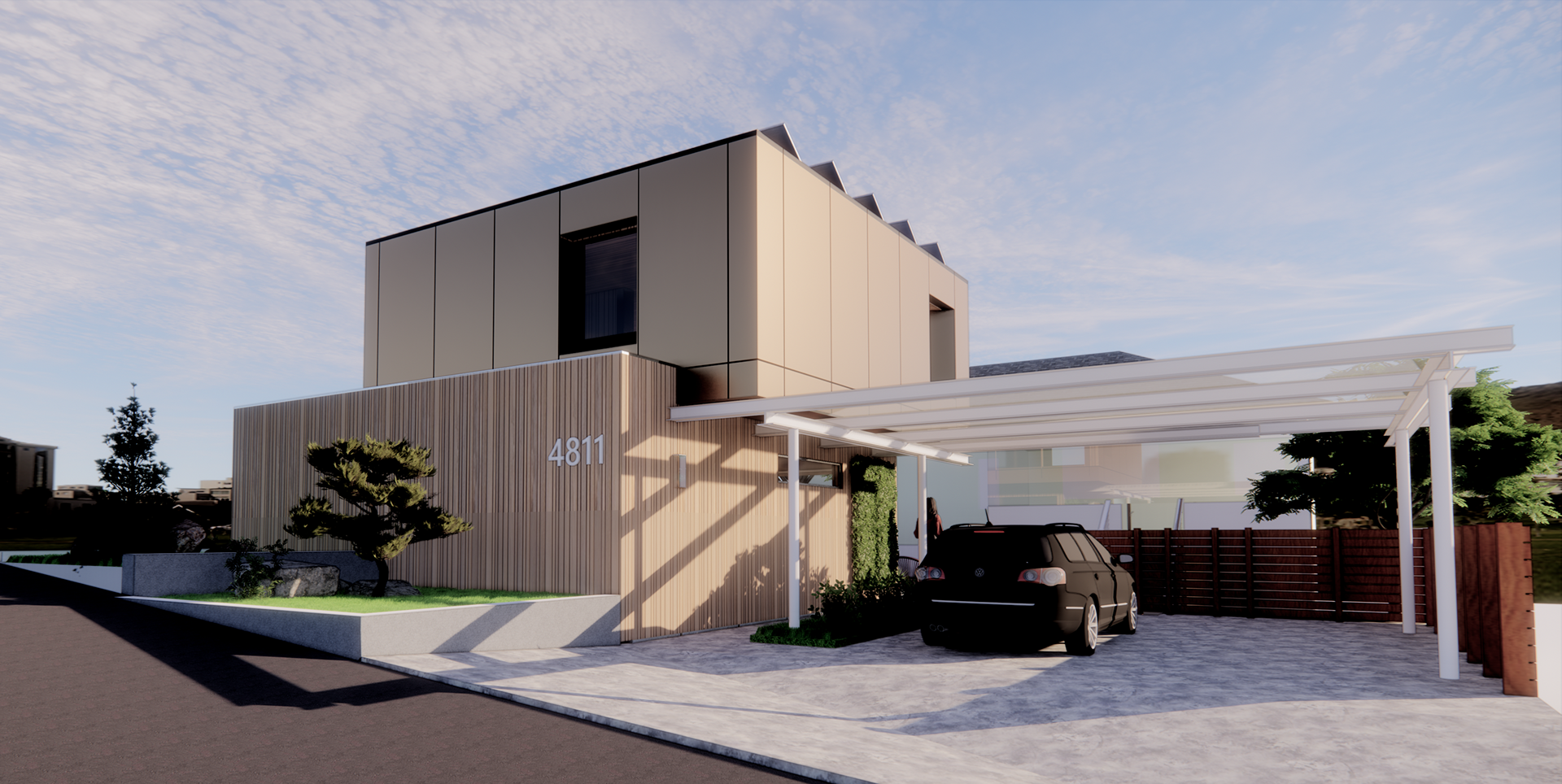 View from backalley whereby a electric car charging location is beneath a carport roof. The upper floor is expressed as a metal box in bronze color.