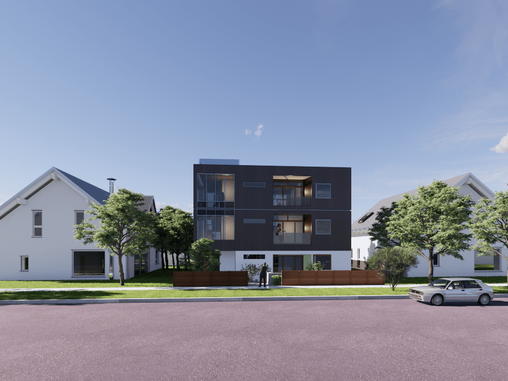 t elevation showing 3 storey home with accessible units .